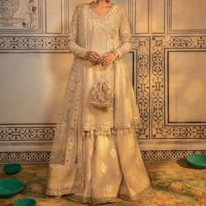 Faiza Saqlain Arezou Ivory Sharara 3PC w/ Potli Bag